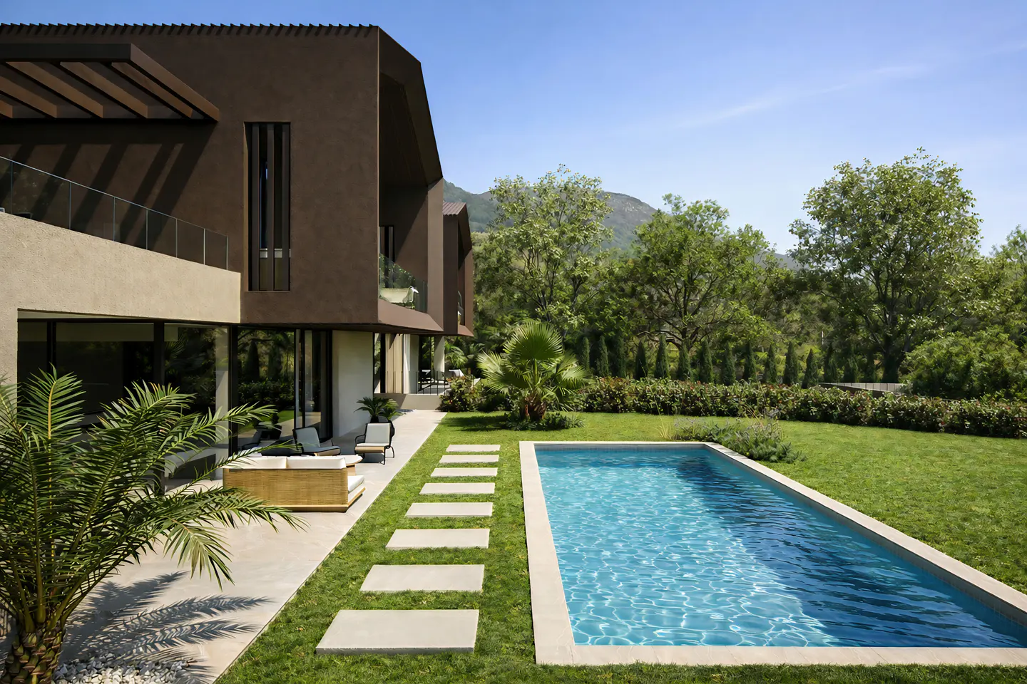 Modern brown house with a blue pool, green lawn, and stone path on a sunny day.