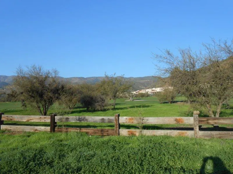 A green field with a wooden fence under a clear blue sky, trees, and distant mountains.