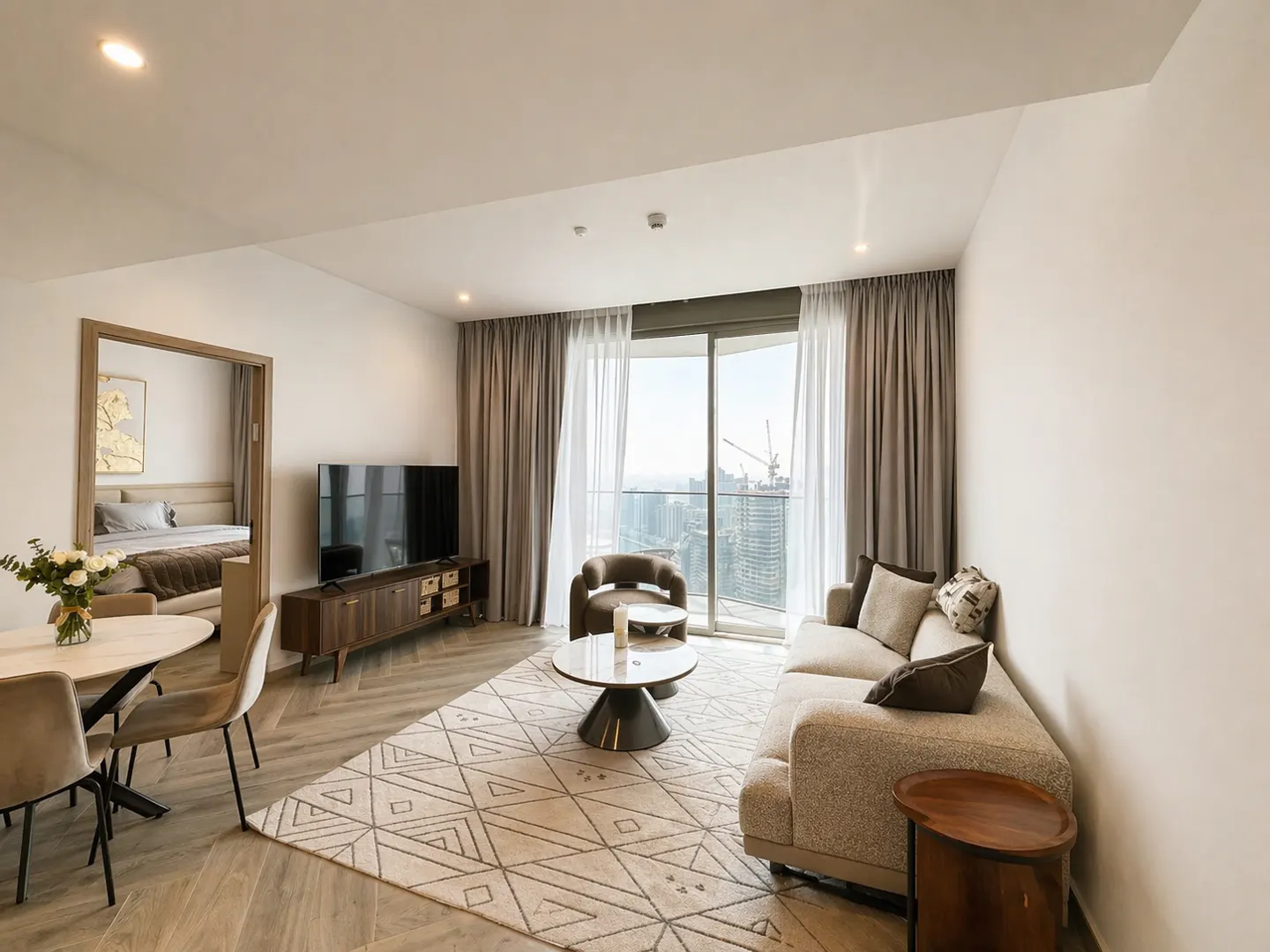 A modern apartment living room with a beige sofa, geometric rug, and city view. A bedroom is visible through a doorway.