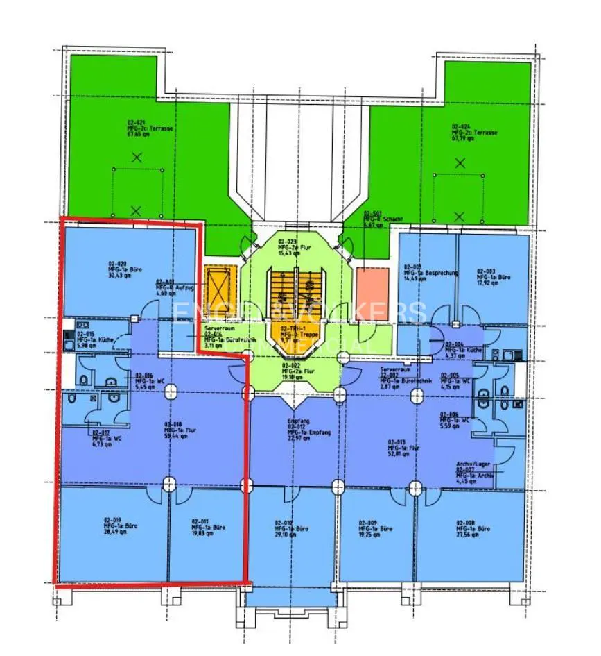 Floor plan of a building with offices, terraces, and a staircase, highlighted in red. The plan uses blue, green, and orange to differentiate spaces.