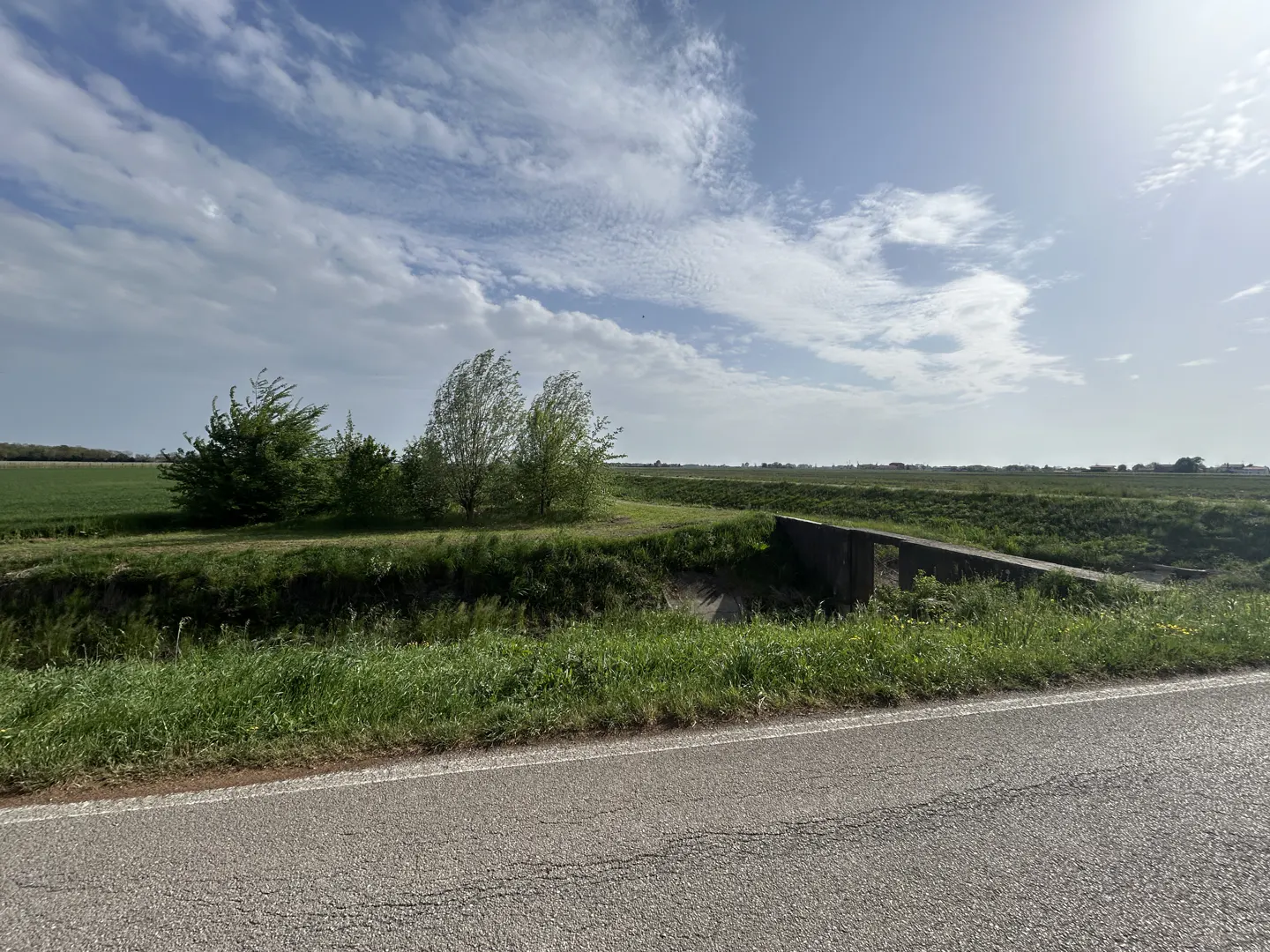A rural landscape with a road in the foreground, green fields, trees, and a cloudy sky.