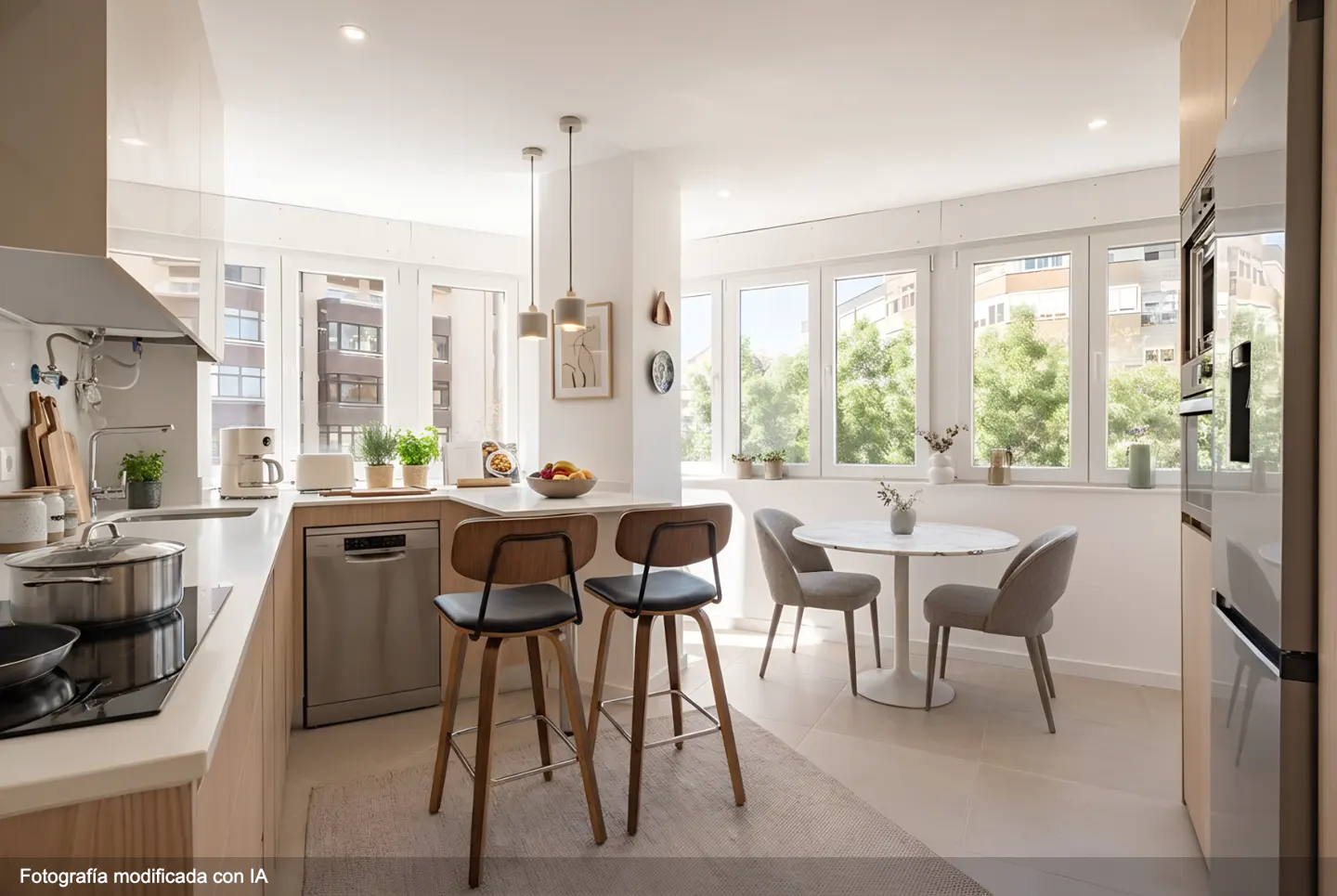 Bright, modern kitchen with light wood cabinets, white countertops, and stainless steel appliances. Bar stools face a dining table near large windows.