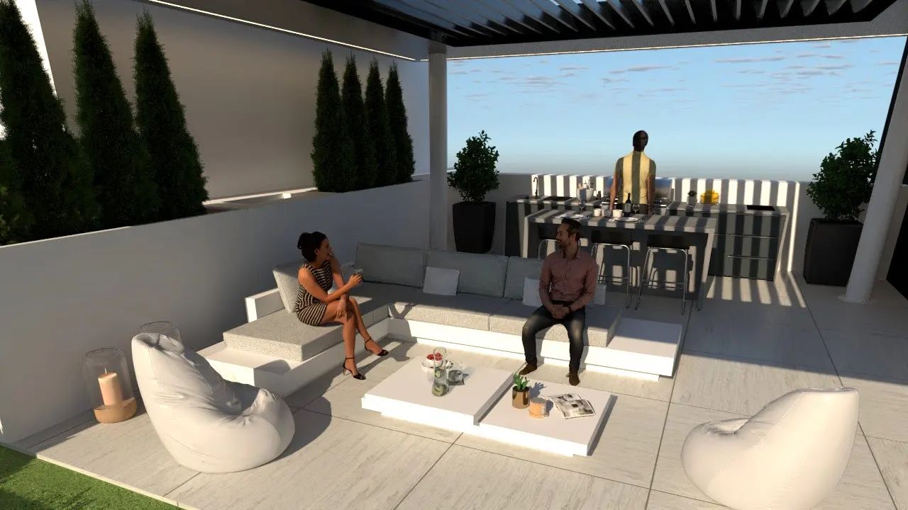 A modern rooftop patio with a white lounge area, outdoor kitchen, and people relaxing. The sky is visible in the background.