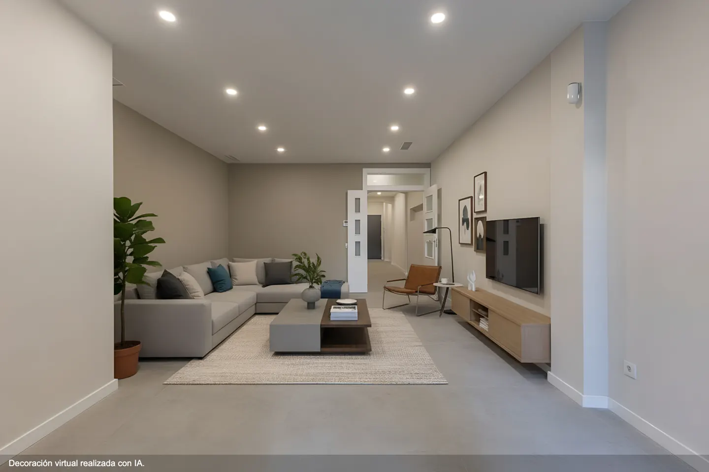 Wide shot of a living room with a gray sectional sofa, a coffee table, a TV, and a brown leather chair.