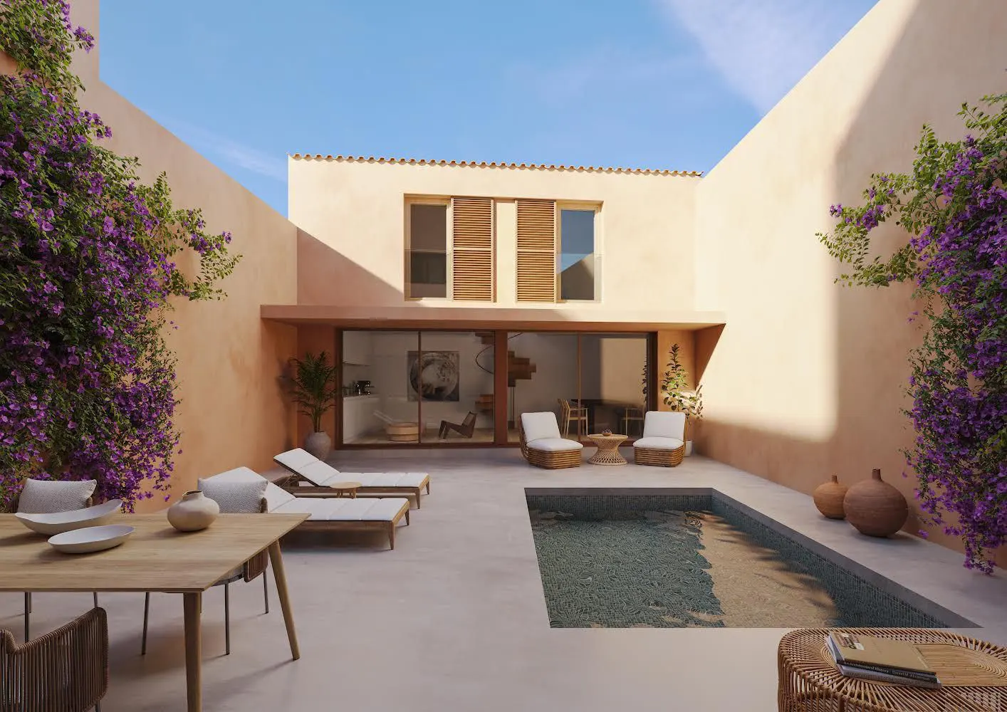 Courtyard view of a modern home with a small pool, lounge chairs, dining table, and purple flowering vines on the walls.