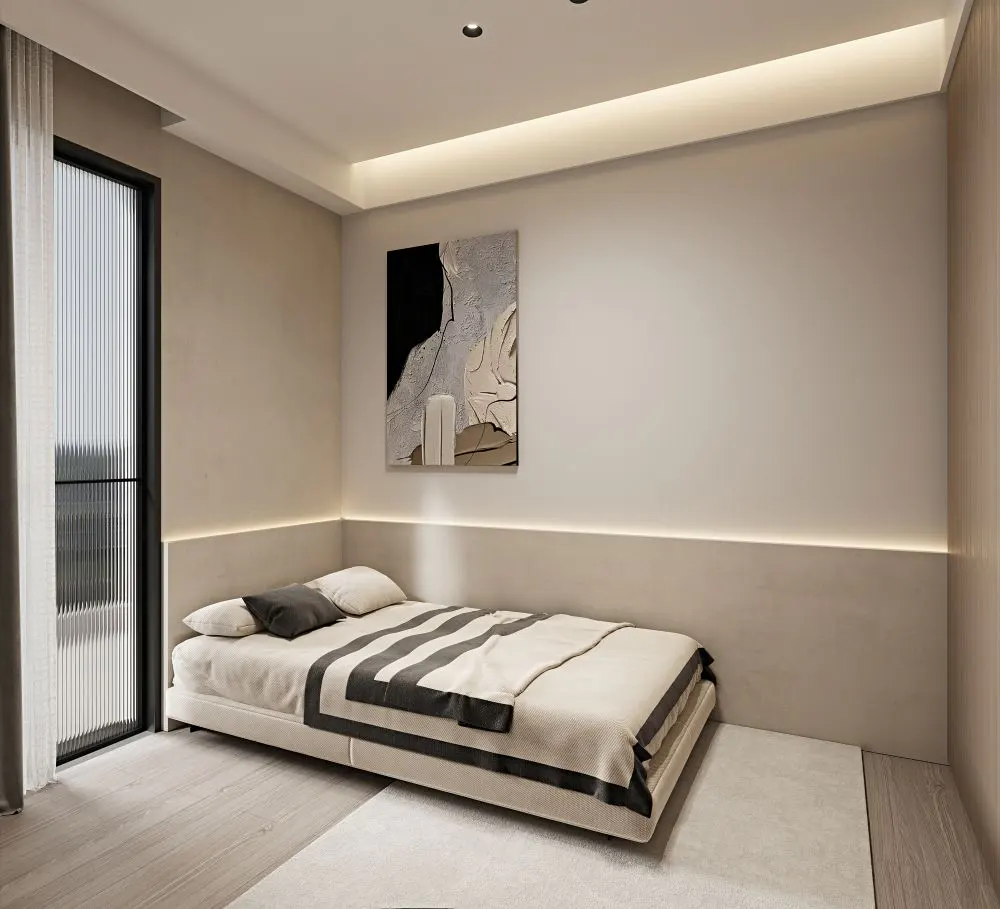 A modern bedroom with a low platform bed, beige walls, and a black-framed window with sheer curtains. An abstract painting hangs above the bed.
