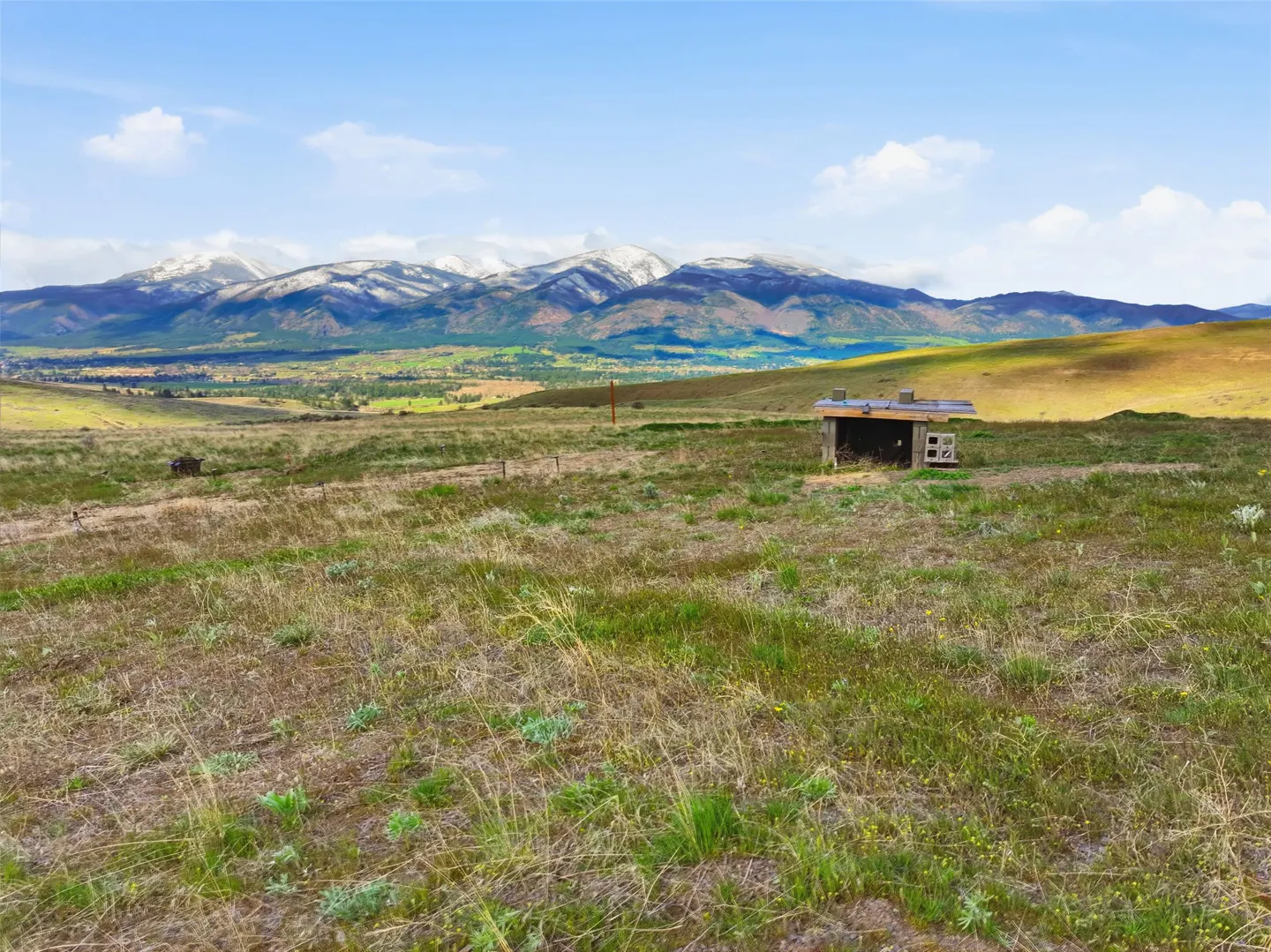 Open grassy field with a small wooden shelter, mountains with snow-capped peaks in the background under a blue sky.
