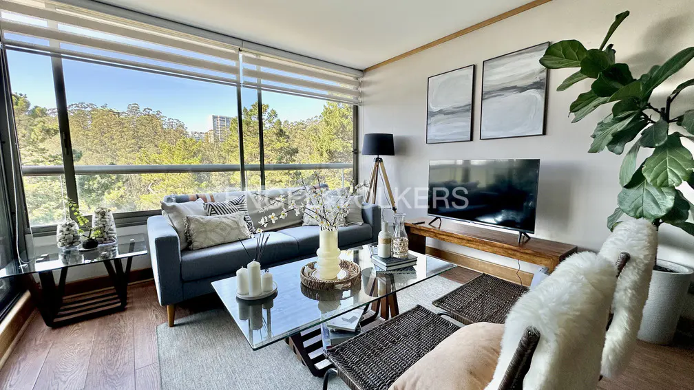 Living room with a gray sofa, glass coffee table, TV, and a large window with a view of trees.