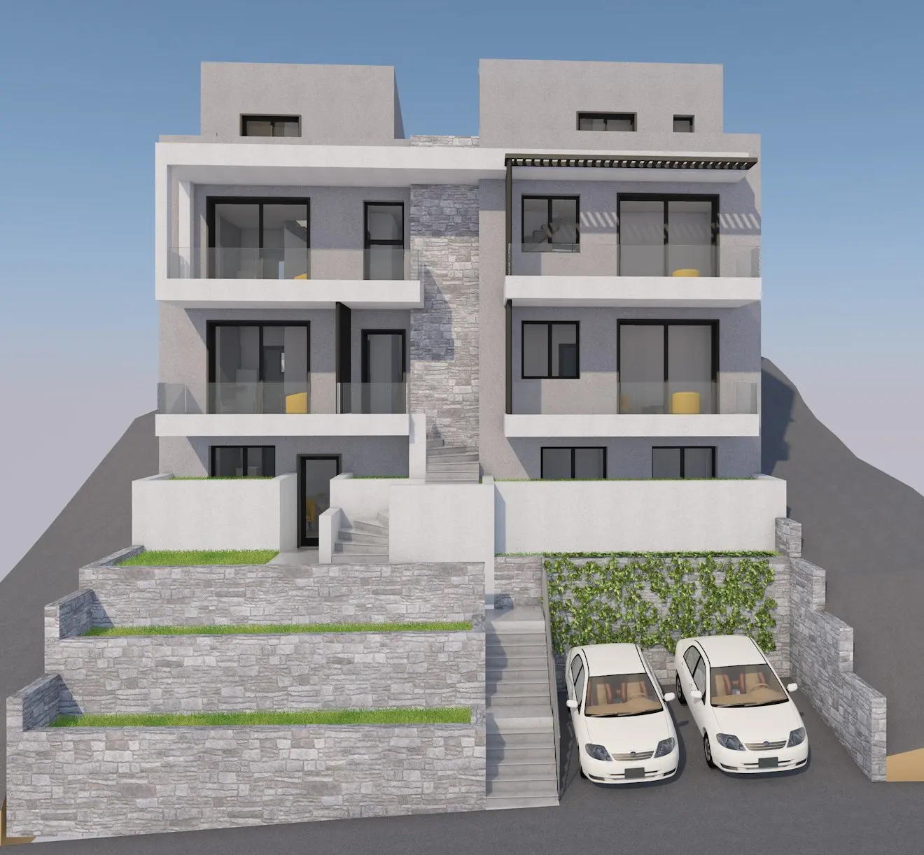 Modern three-story apartment building with stone retaining walls, terraced landscaping, and two white cars parked in front.