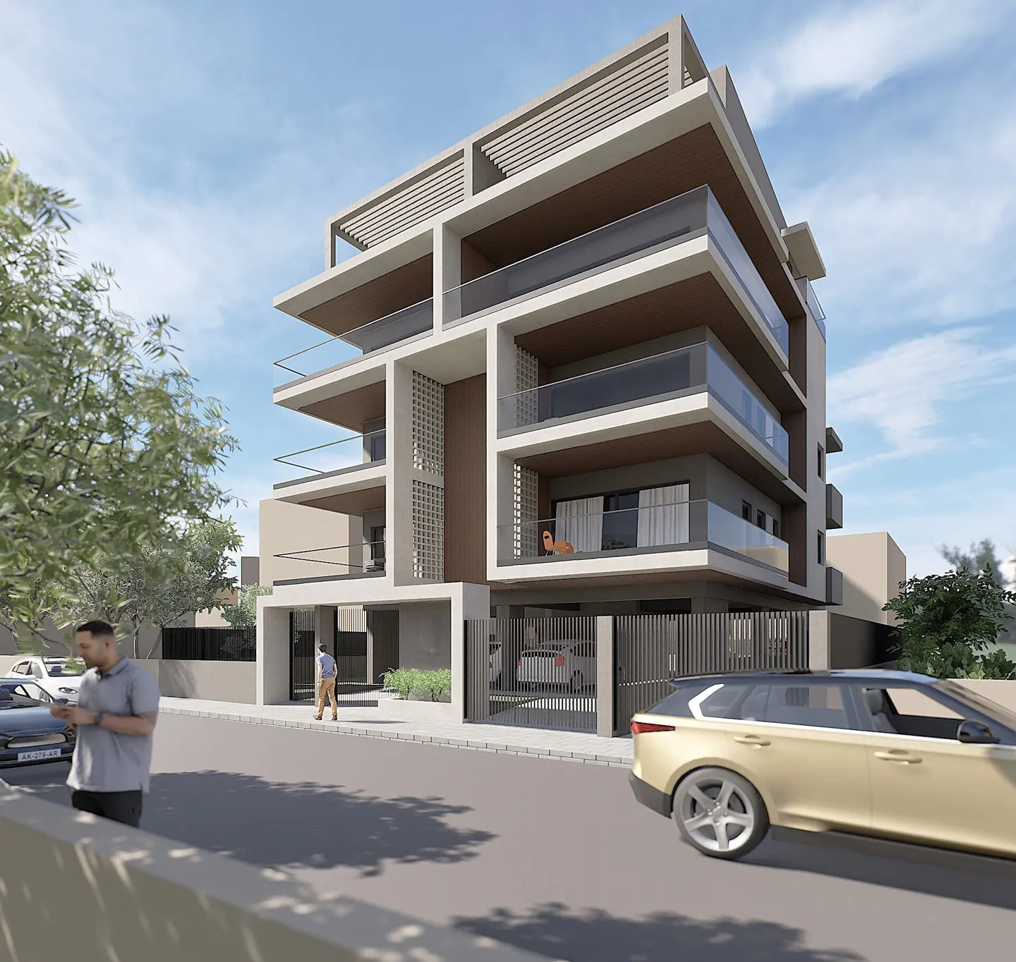 Modern four-story apartment building with balconies and a beige exterior. Cars and people are on the street in front.