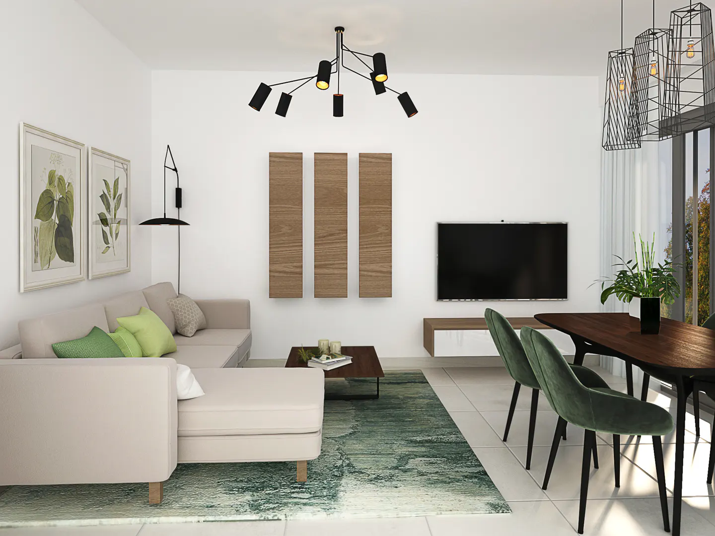 A modern living room with a beige sectional sofa, green rug, dark wood dining table, and black light fixtures.