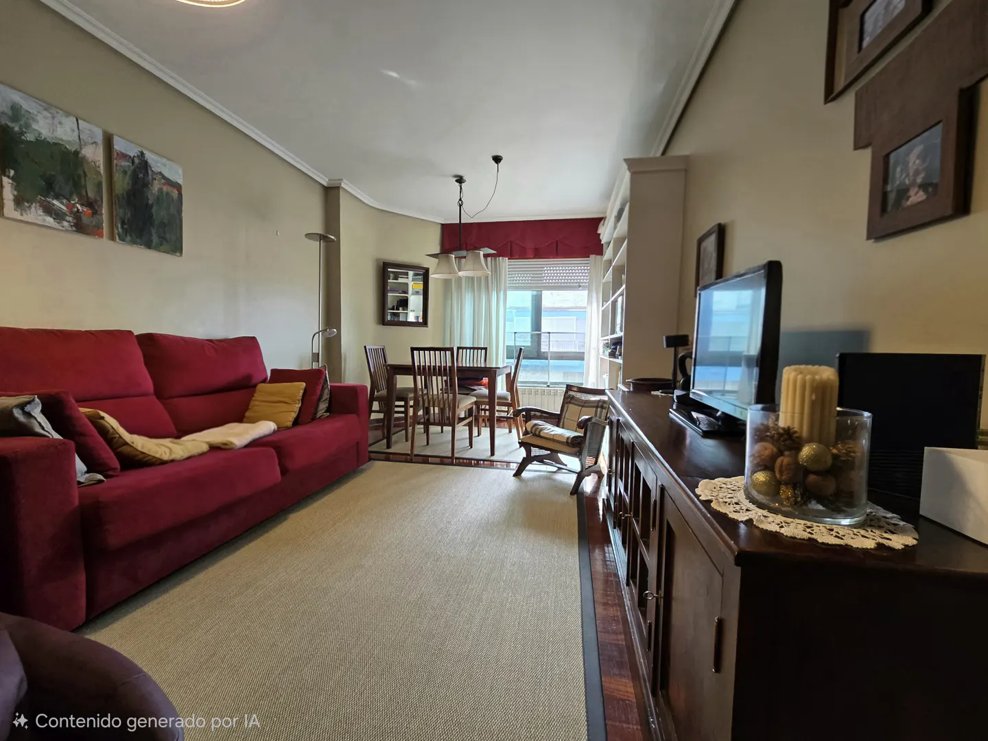 Living room with red sofa, dining table, and ocean view. A wooden cabinet with a TV and decor sits on the right. Paintings adorn the walls.