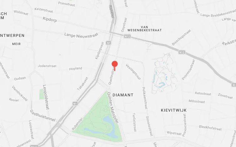 Map of Antwerp, Belgium, showing streets and a red pin marking a location on Quellinstraat.
