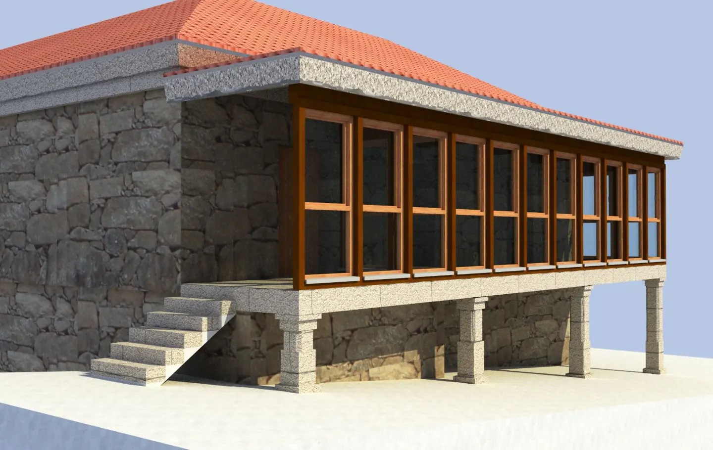 Stone house with a red tile roof, a row of windows, and a stone staircase.