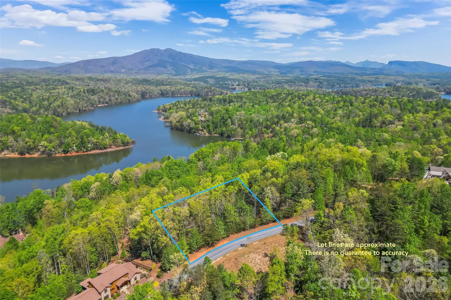 Aerial view of a wooded lot outlined in blue, near a lake and mountains under a blue sky.