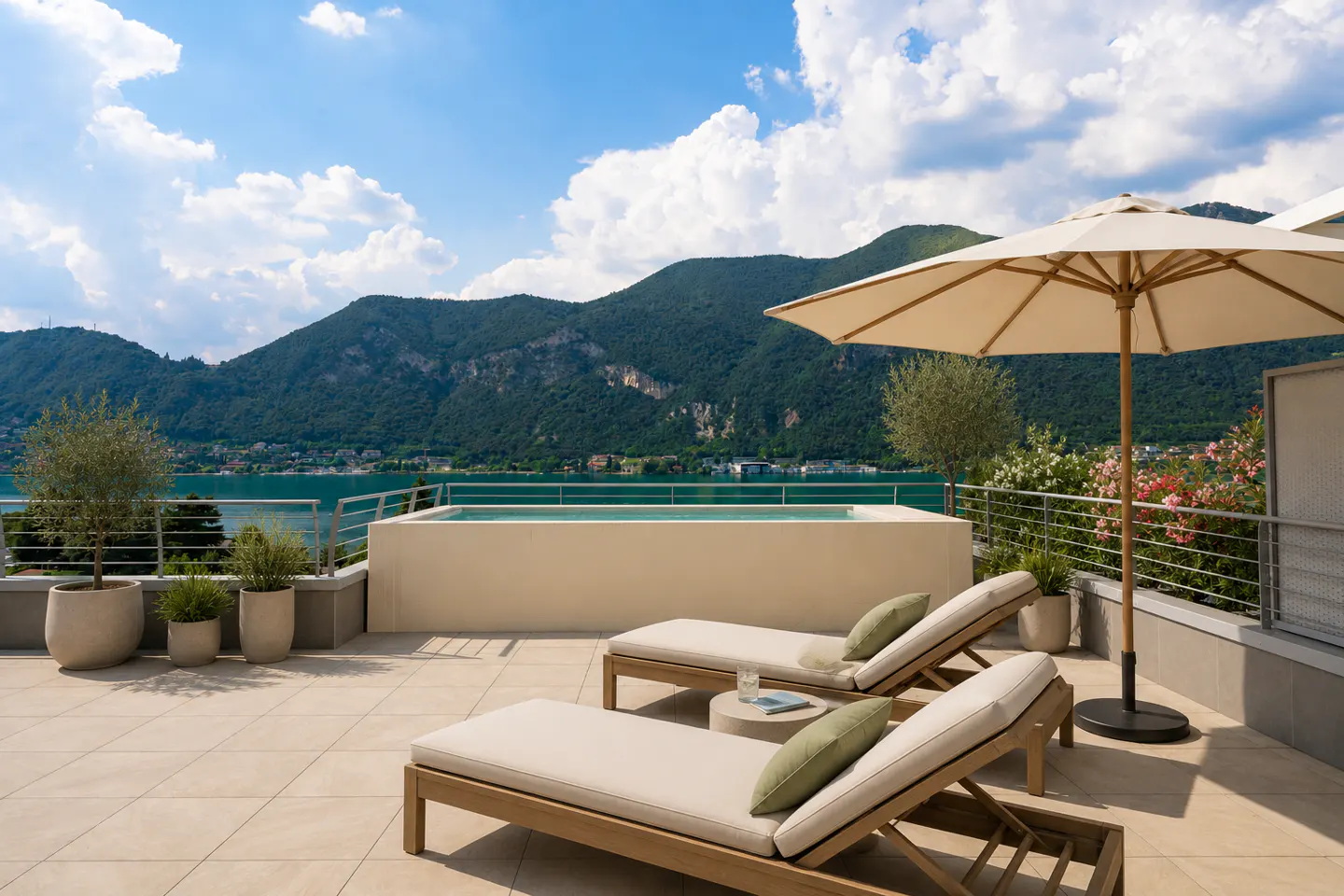 Luxury patio with two lounge chairs, a pool, and a view of a lake and mountains under a blue sky with white clouds.