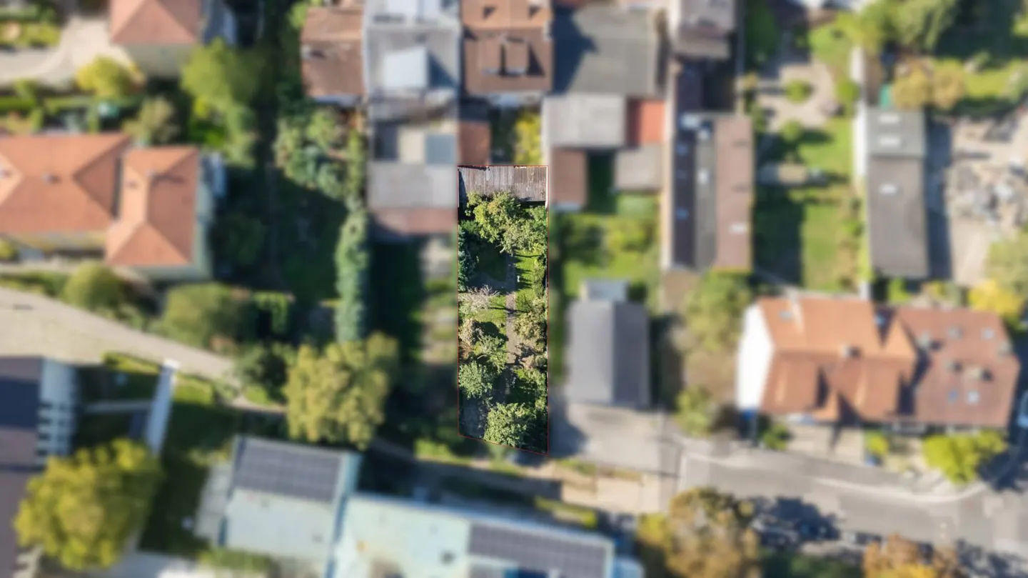 Aerial view of a rectangular lot with trees, surrounded by houses with red and gray roofs.