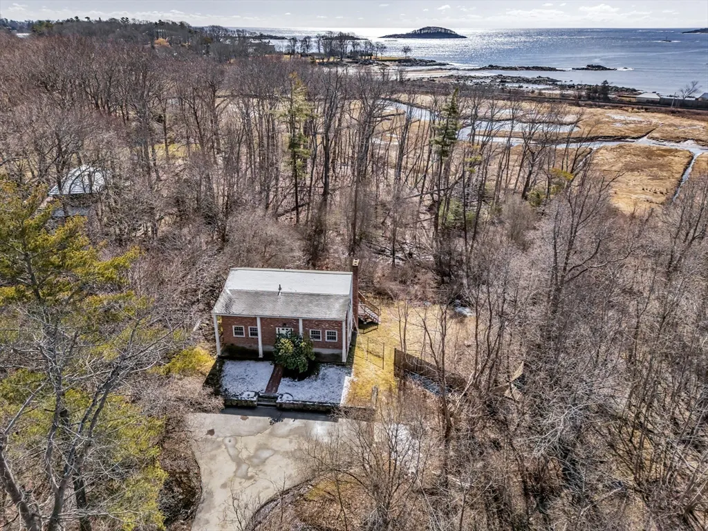 Aerial view of a red brick house with a gray roof, surrounded by bare trees and a view of the ocean.