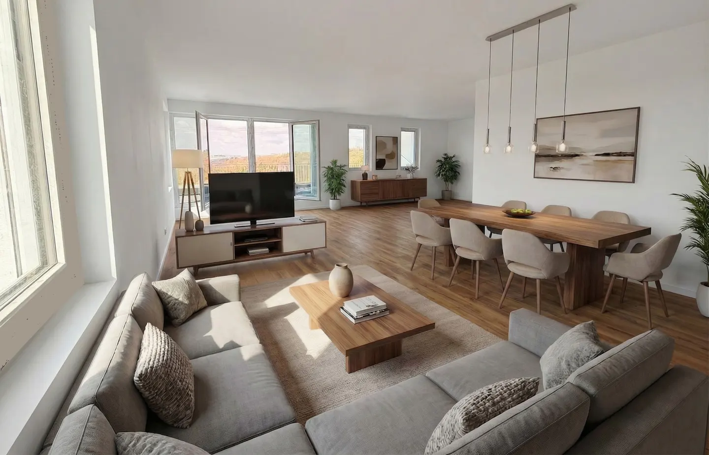 Bright, open-concept living and dining area with a gray sectional sofa, wood coffee table, and a dining table with beige chairs. Large windows offer natural light.