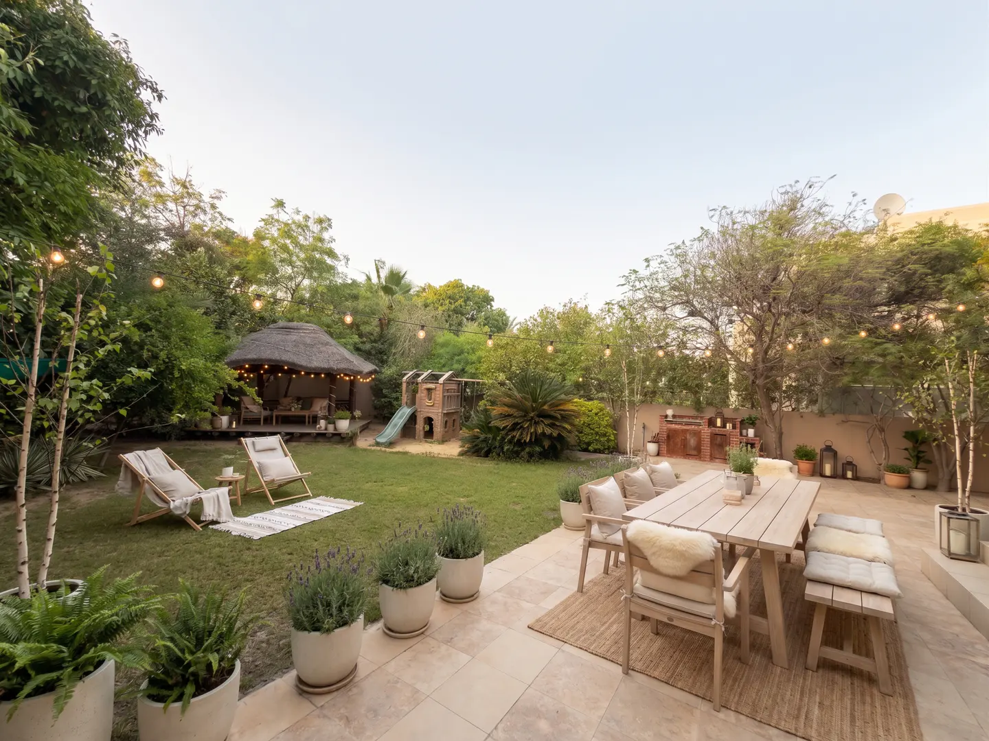 A backyard with a dining table, chairs, a thatched hut, and a playground. String lights are hung around the trees.
