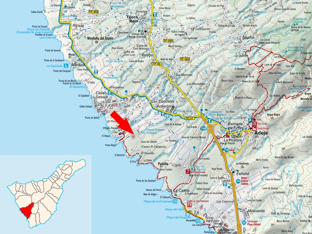 Map section shows Callao Salvaje, Tenerife, with an arrow pointing to a coastal area. Roads, place names, and contour lines are visible.
