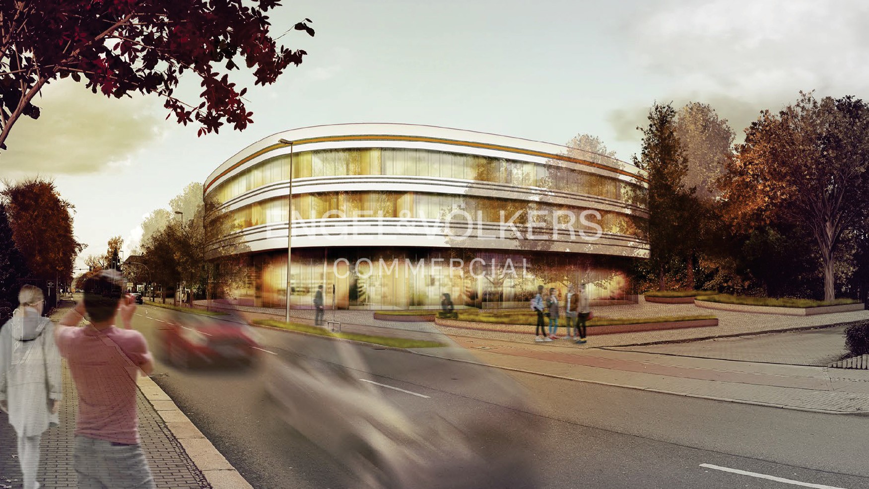 Architectural rendering of a modern, curved glass office building surrounded by trees, with pedestrians on a city street. [AI-generated text]