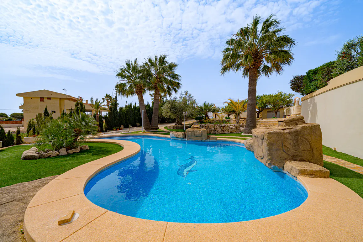 A kidney-shaped pool with blue water and a dolphin mosaic, surrounded by palm trees and green grass.