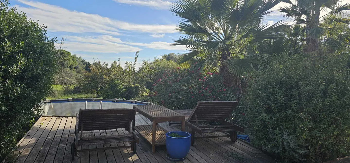 Two wooden lounge chairs and a small table on a deck overlooking a backyard pool, surrounded by lush trees and palms.