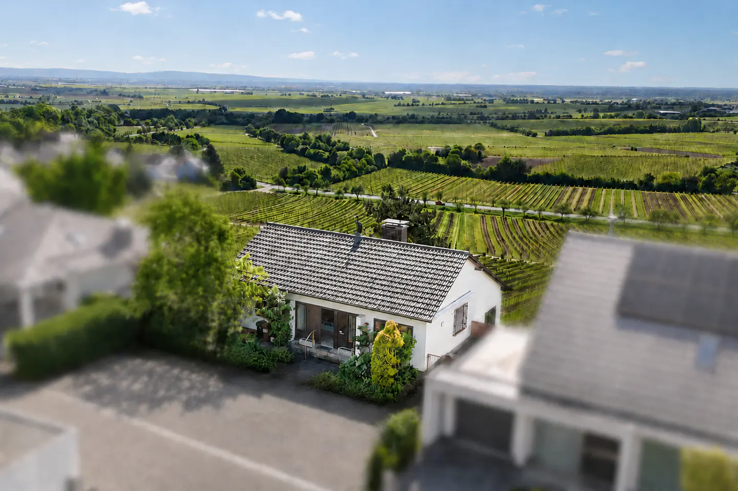 Aerial view of a white house with a gray tiled roof, surrounded by green vineyards under a blue sky.