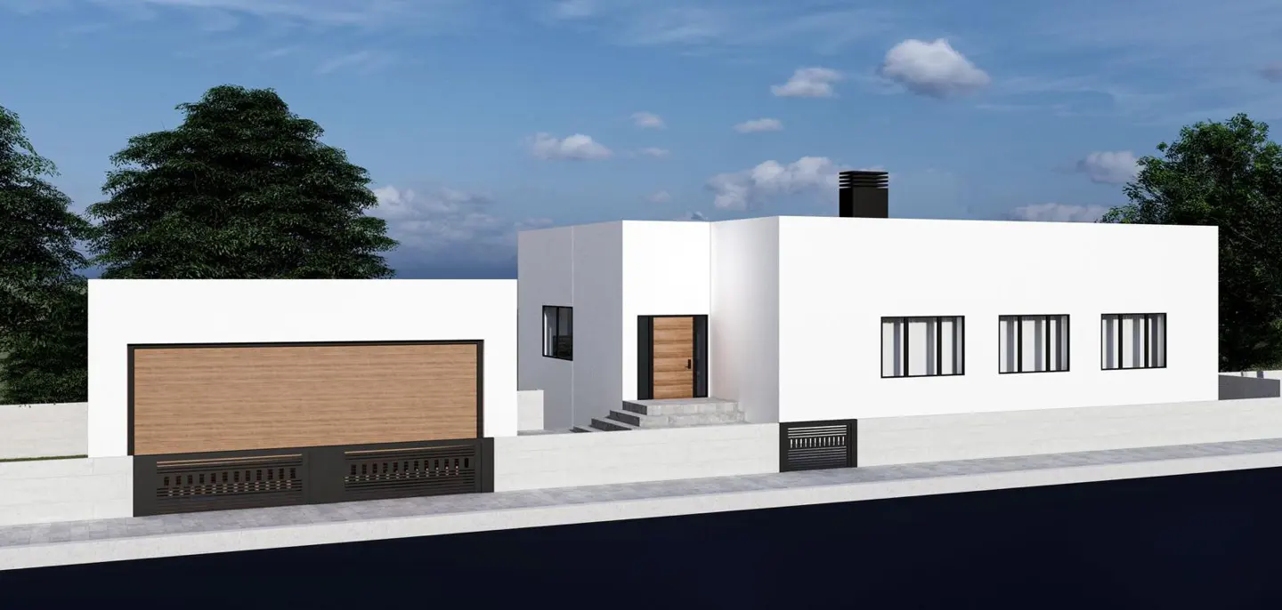 Modern white house with a wood garage door, black framed windows, and a wood front door under a blue sky.