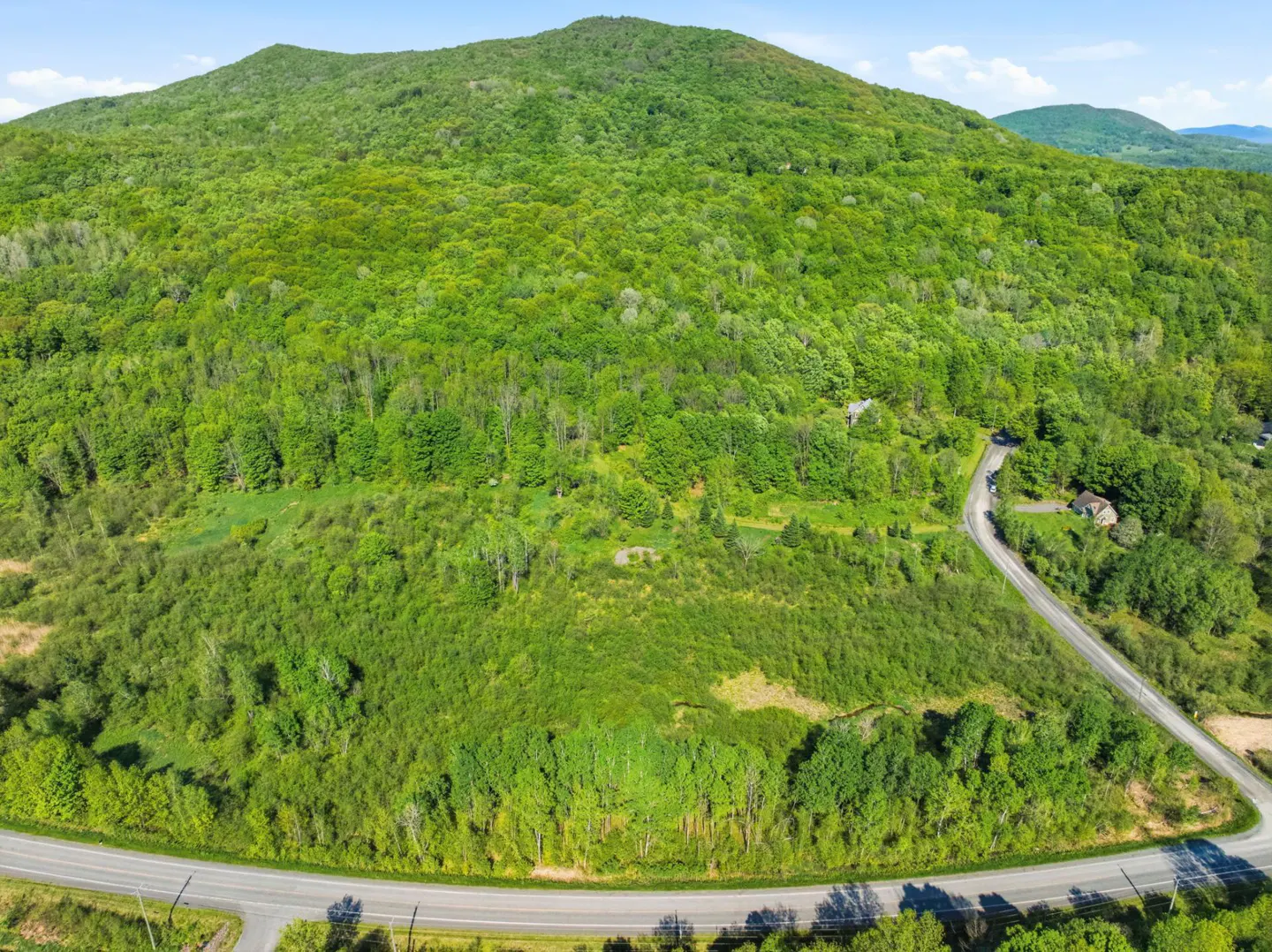 Aerial view of a large, lush green forested hillside bordering a paved road with a small house nestled in the trees.