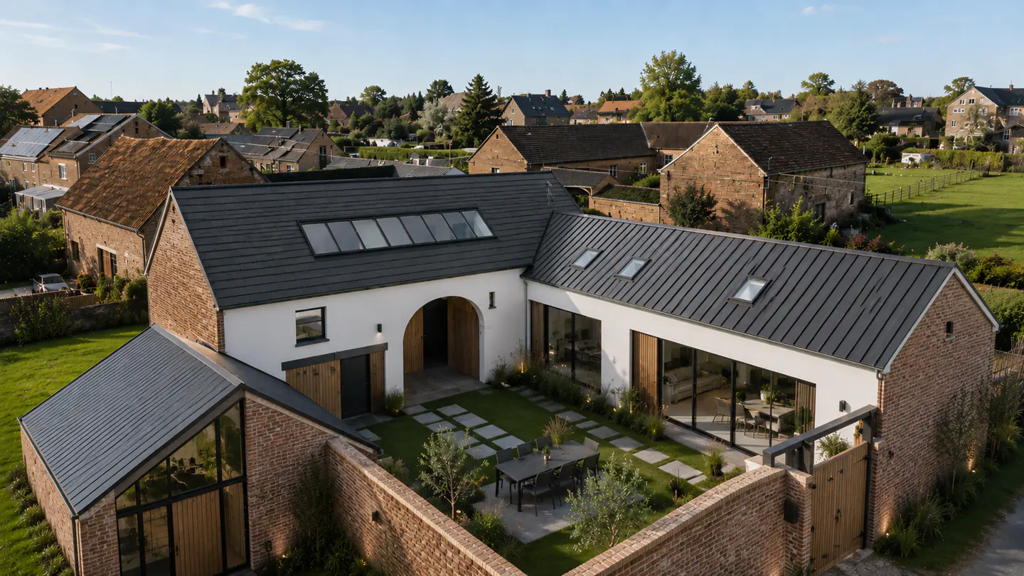 Aerial view of a modern farmhouse with white walls, brick accents, and a gray roof, surrounded by a brick wall and lush green courtyard.