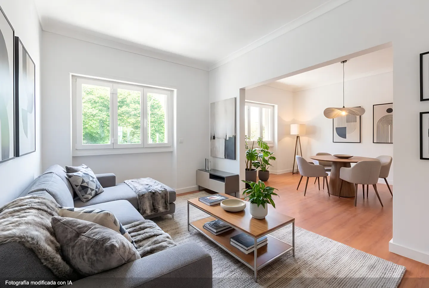 Bright, open-concept living and dining room with gray sectional sofa, wood coffee table, and round dining table with chairs.