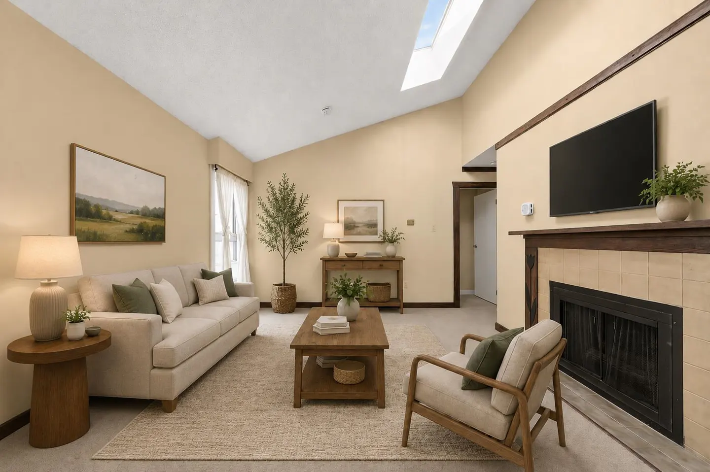 Living room with beige walls, a fireplace with a TV above, a sofa, and a wooden coffee table on a beige rug.