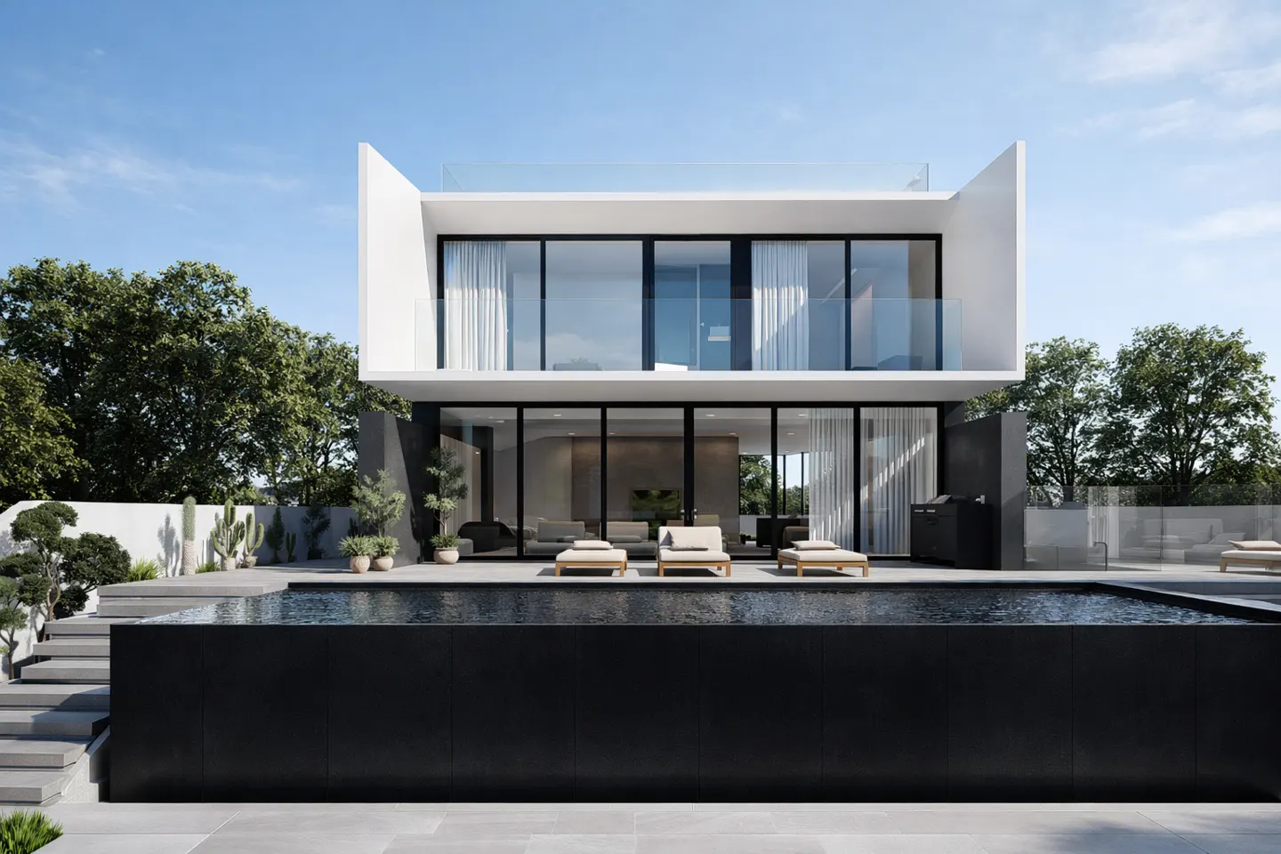 Two-story modern house with a black pool, lounge chairs, and large glass windows under a blue sky.