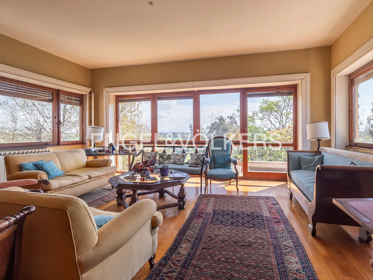 Bright living room with wood floors, sofas, armchairs, and a large rug. Windows offer a view of trees and sky.