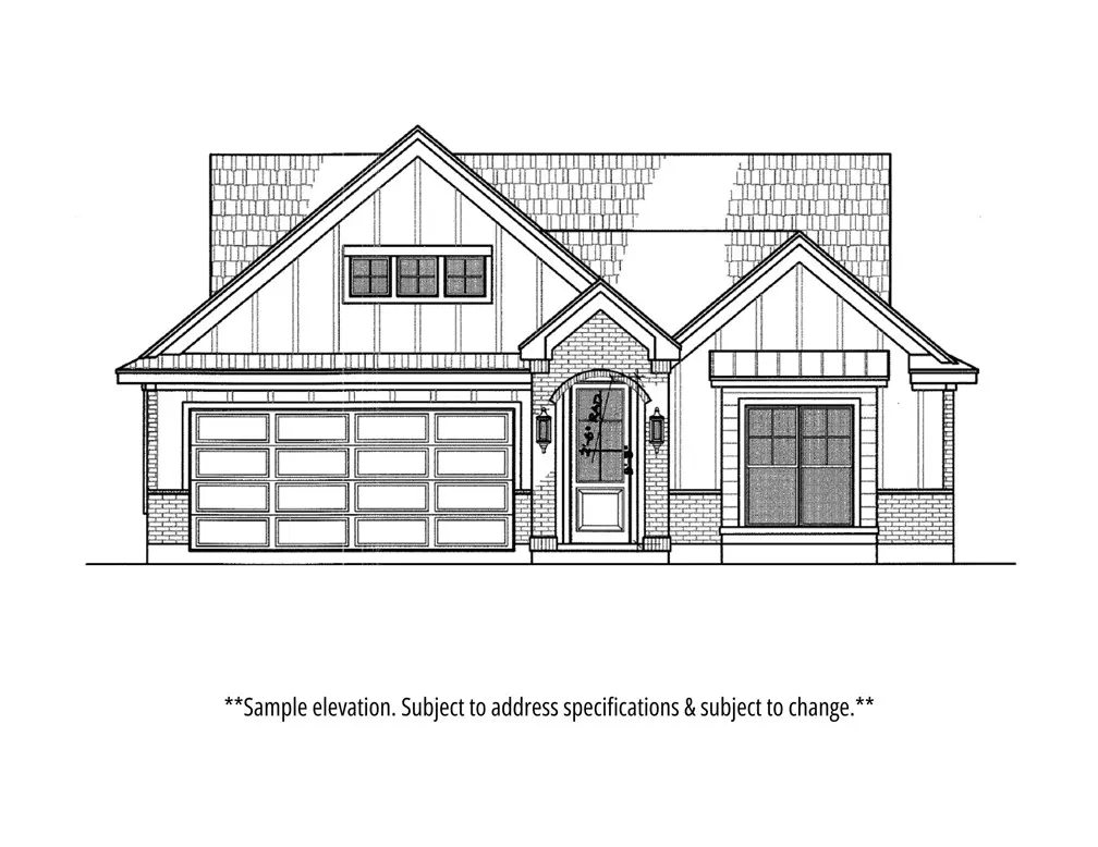Architectural drawing of a one-story house with a garage, brick accents, and a gabled roof. The front door is centered with windows on either side.