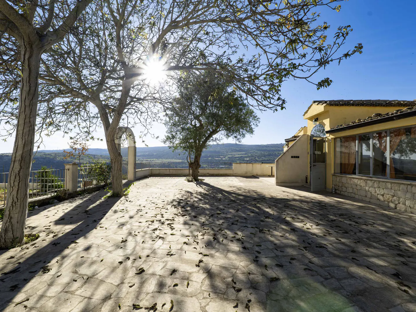 Outdoor patio with stone pavers, trees casting shadows, and a yellow building with large windows in the background.