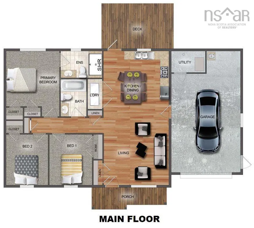 Floor plan of a house with a garage, deck, porch, living room, kitchen/dining area, two bedrooms, and a primary bedroom with ensuite.
