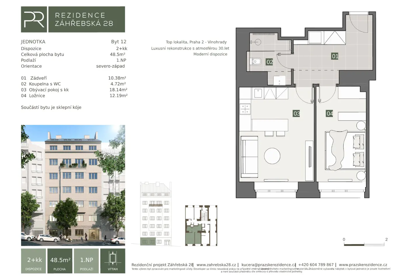 Floor plan and building elevation for Rezidence Záhřebská 28, a 2+kk apartment with a living room, kitchen, bedroom, and bathroom.