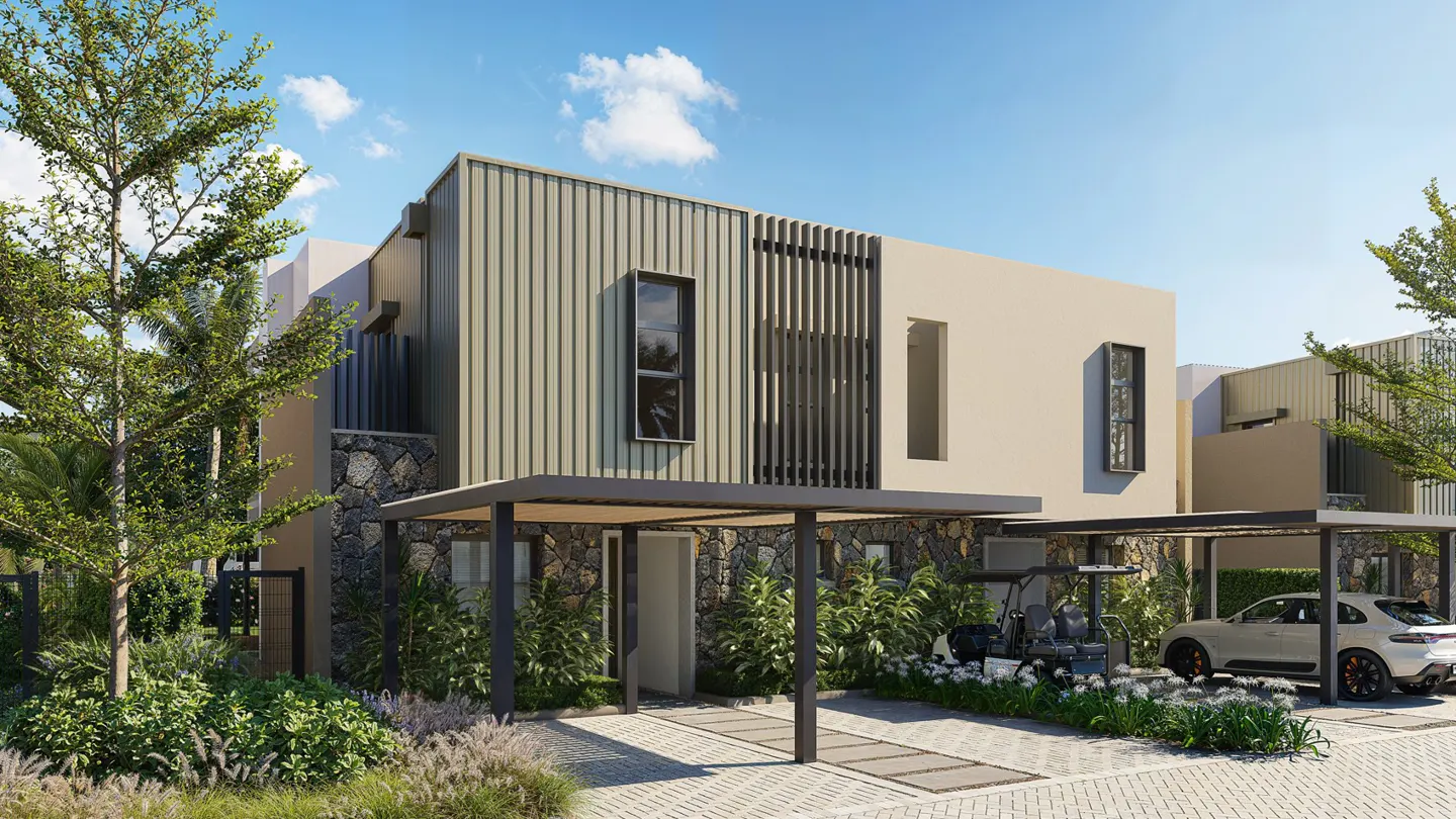 Modern two-story house with stone accents, a carport, and a white car parked in the driveway. Lush greenery surrounds the property.