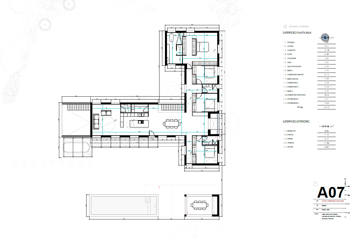 Architectural floor plan of a ground floor residence with an L-shaped layout, pool, and a table of area measurements. [AI-generated text]