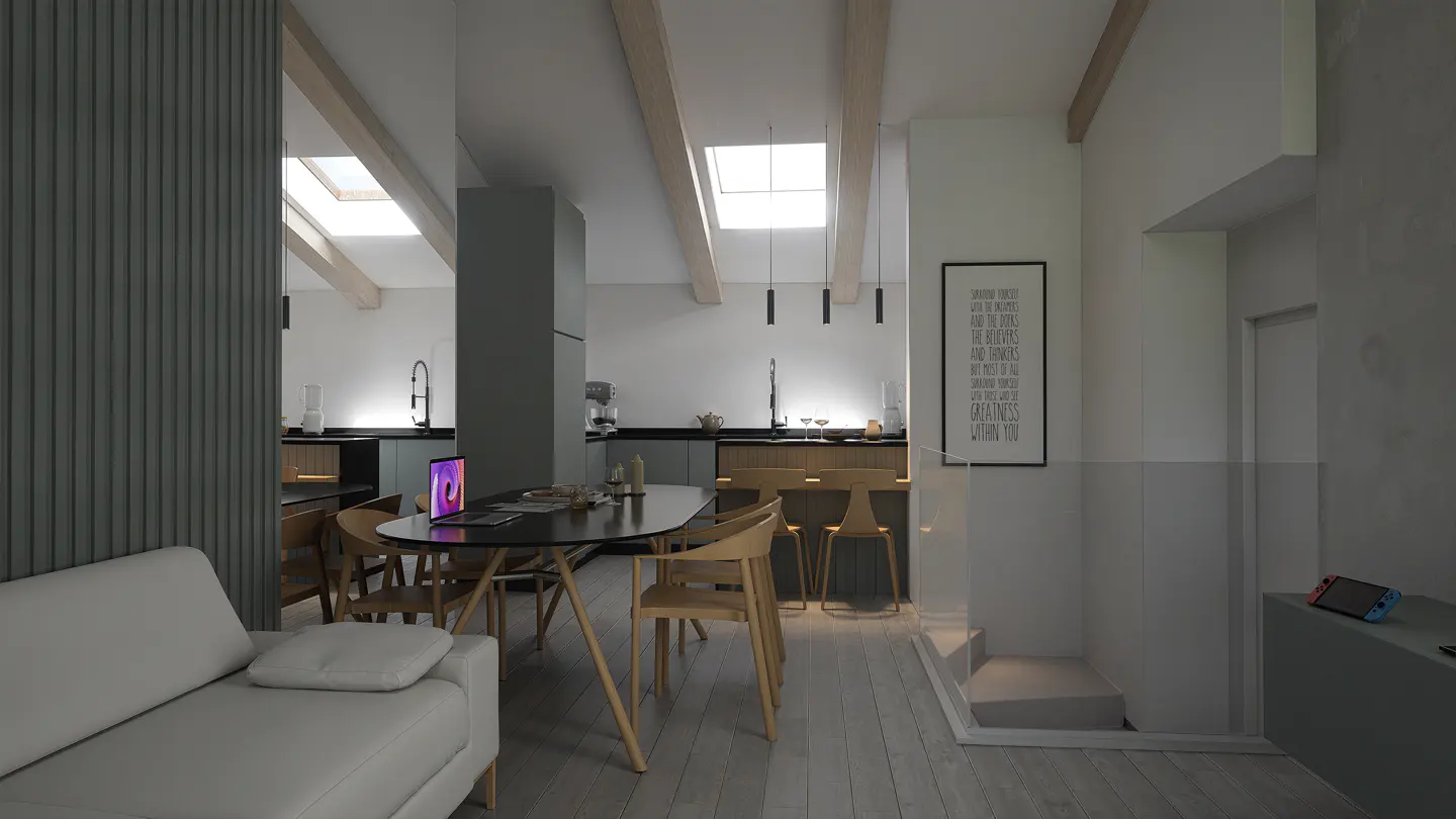 A modern, open-concept living space with a white sofa, black table, and wooden chairs. The kitchen has gray cabinets and a skylight.