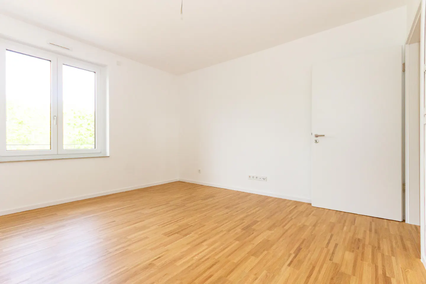 Bright, empty room with white walls, wood floor, and a window showing green trees. A white door is on the right.