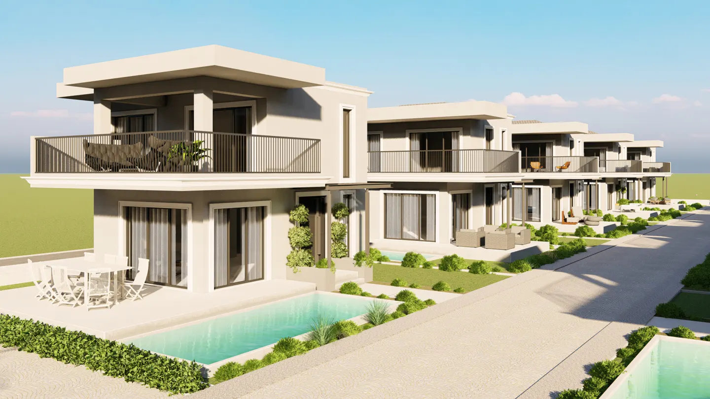 A row of modern, two-story beige villas with private pools, balconies, and outdoor dining areas under a clear blue sky.