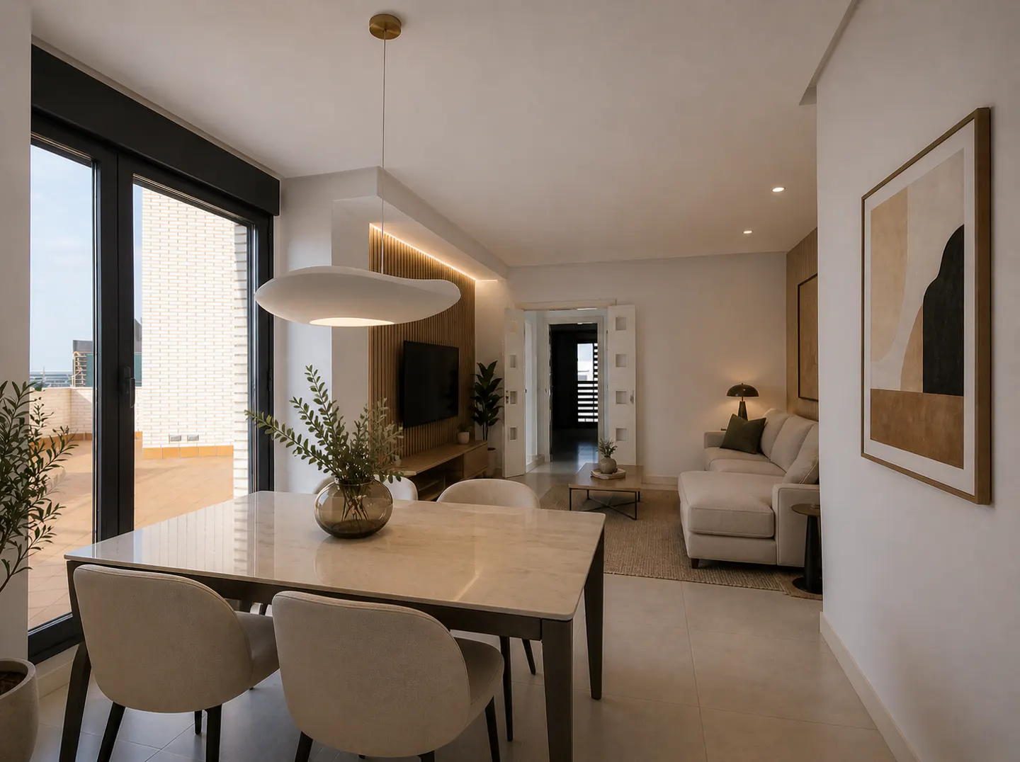 A modern apartment interior with a dining table, chairs, and a living room in the background. The color palette is neutral with white walls and light-colored furniture.