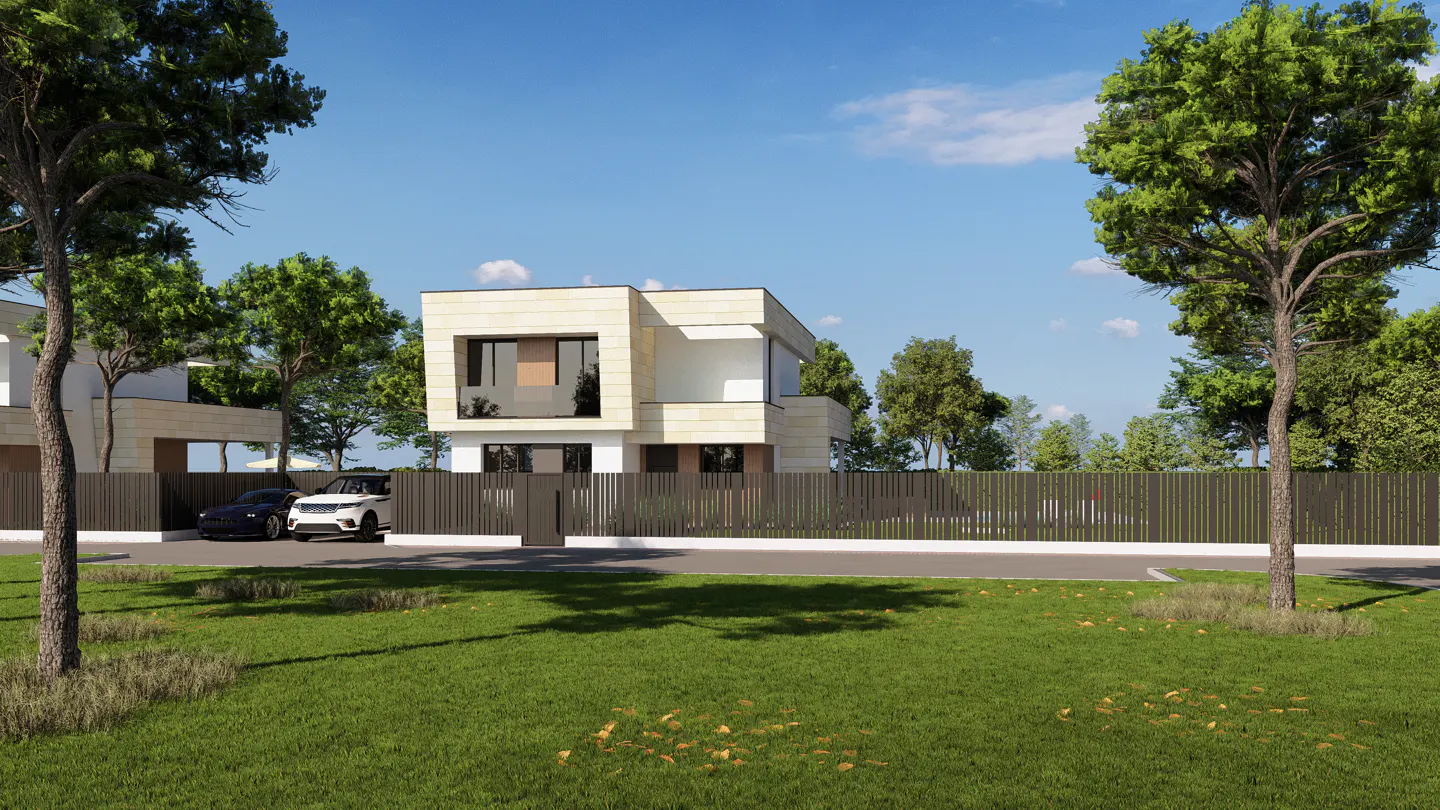 Modern two-story house with beige stone and white accents, surrounded by a dark fence, green lawn, trees, and two parked cars.