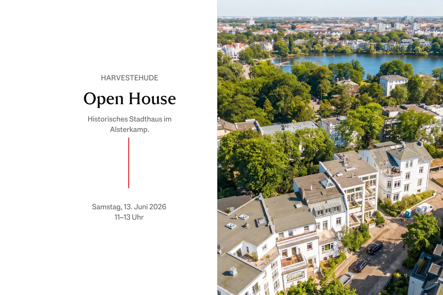 Open House flyer for a historic townhouse in Harvestehude, Hamburg, featuring an aerial view of the property and lake.