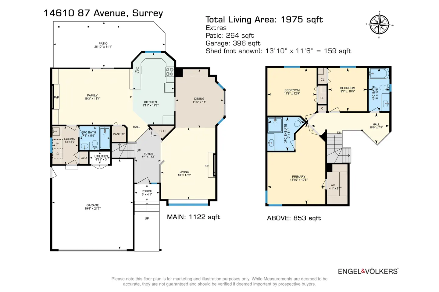Floor plan for 14610 87 Avenue, Surrey, showing main and upper levels with a total living area of 1975 square feet.