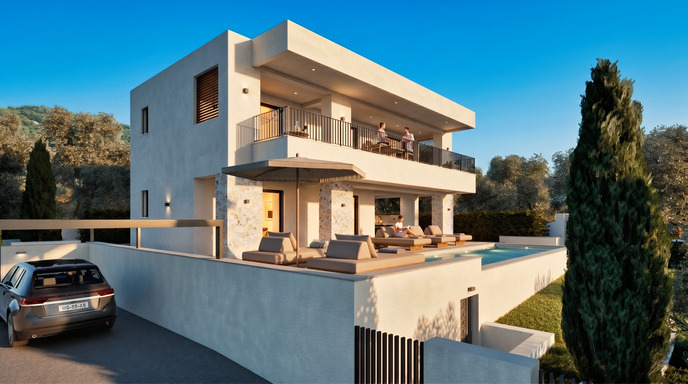 Modern two-story white villa with a pool, lounge chairs, balcony, and a car parked in the driveway under a clear blue sky. [AI-generated text]